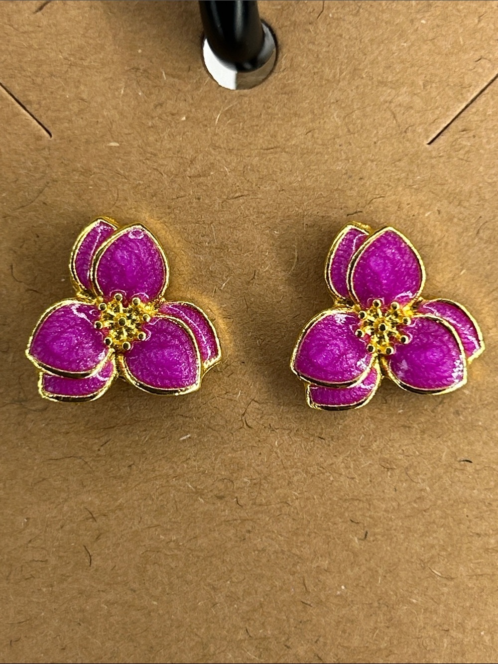 Gold-Trim Pink Floral Stud Earrings